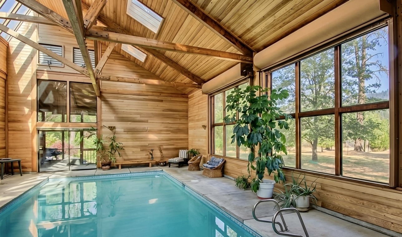 Indoor heated pool with vaulted cedar ceilings at River Rock Cabin, Lewiston California