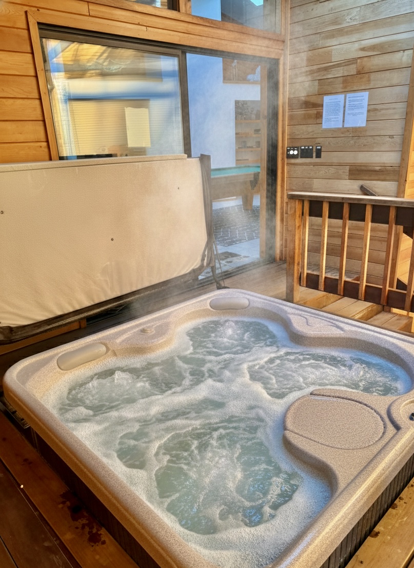 Indoor hot tub at River Rock Cabin