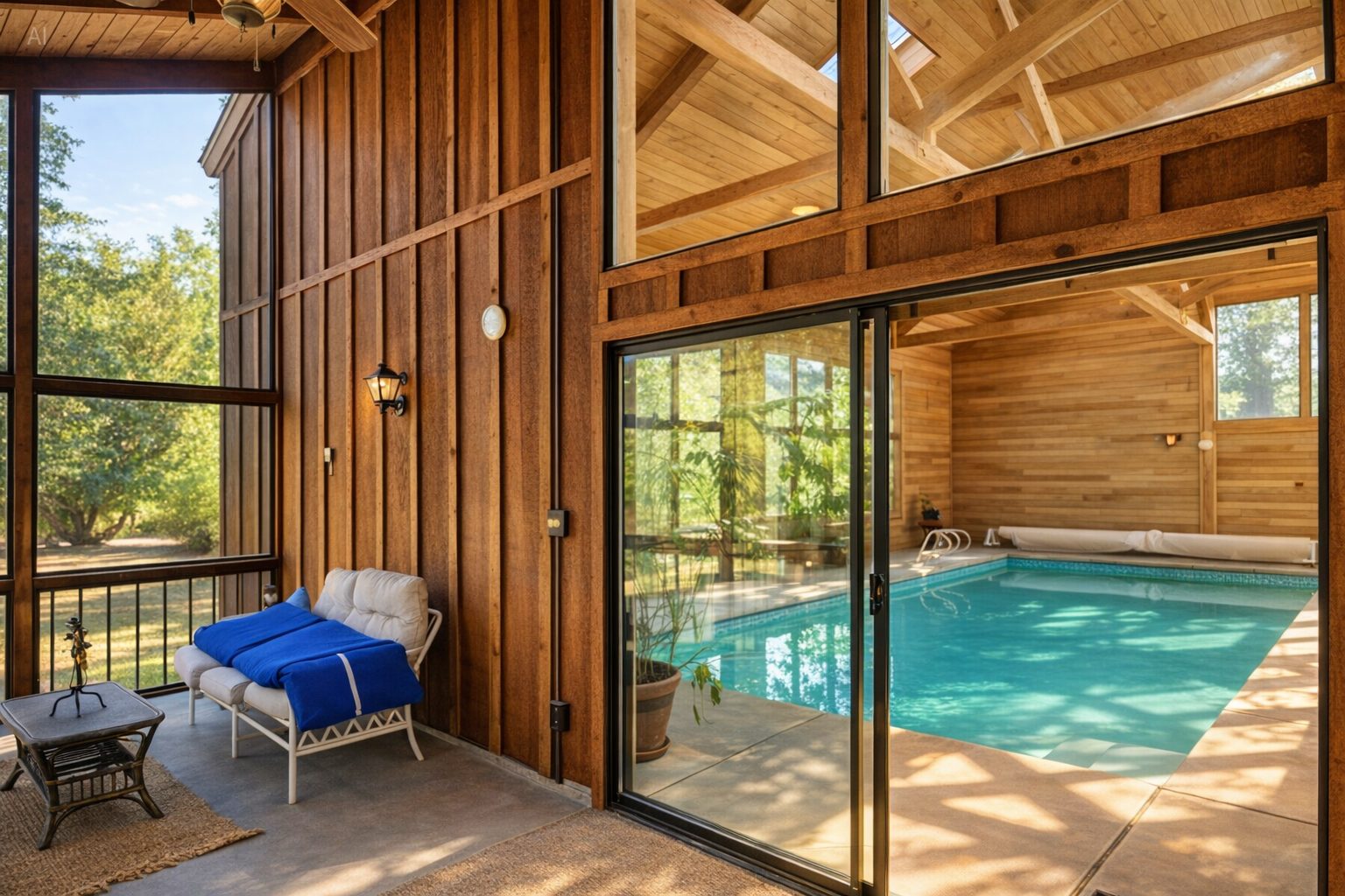 Vaulted cedar ceilings over pool