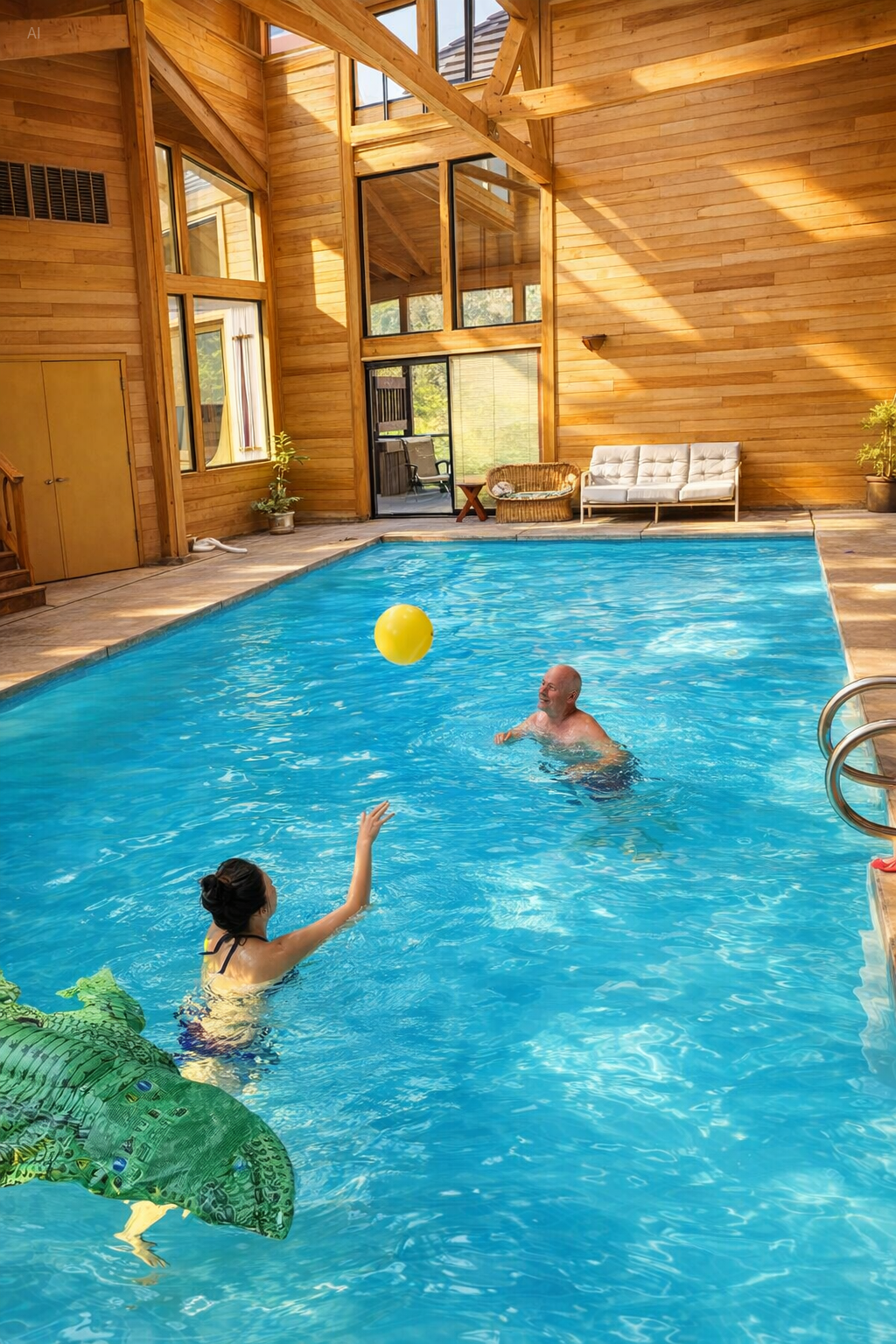 Family enjoying indoor heated pool at River Rock Cabin