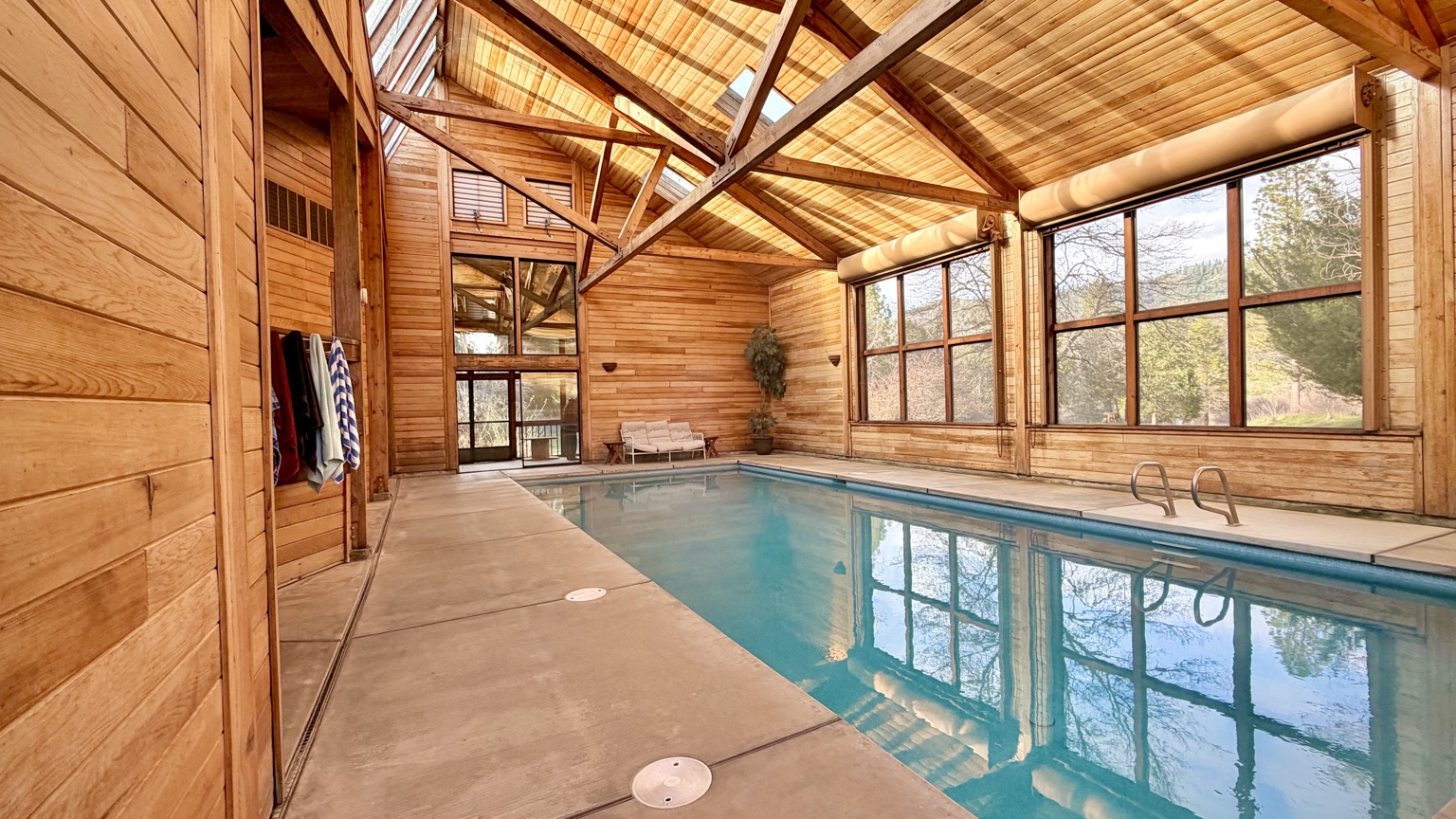 Indoor heated pool with vaulted cedar ceilings